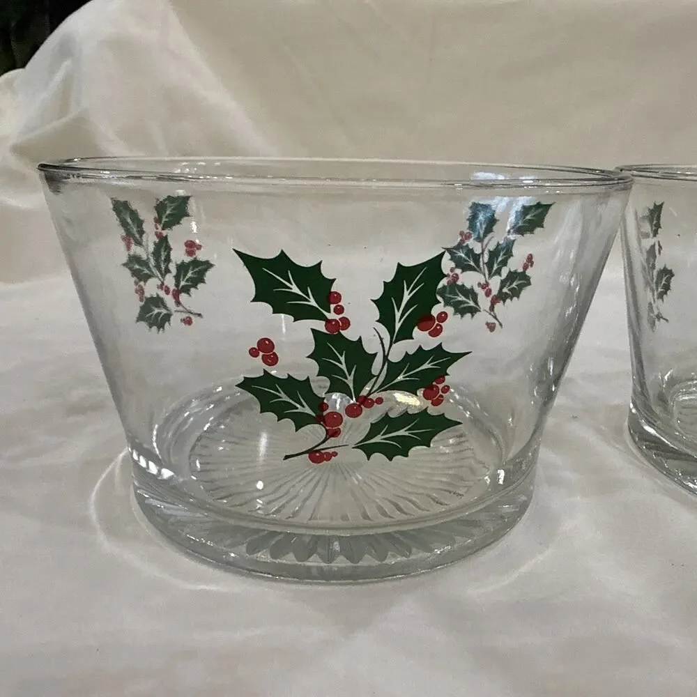 *2* Vintage Christmas Holly & Berries Holiday Serving Bowl / Ice Bucket / Snack